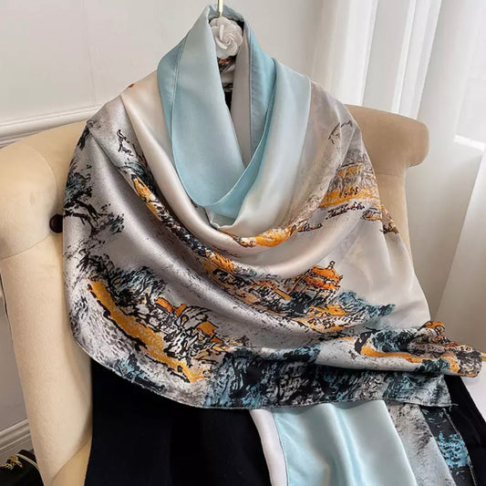 Venetian Horizon Silk-Emulation Satin Large Scarf